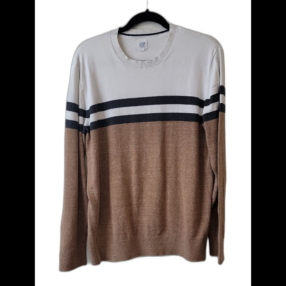 GAP Men’s White, Black & Brown Striped Preppy Casual Crewneck Sweater